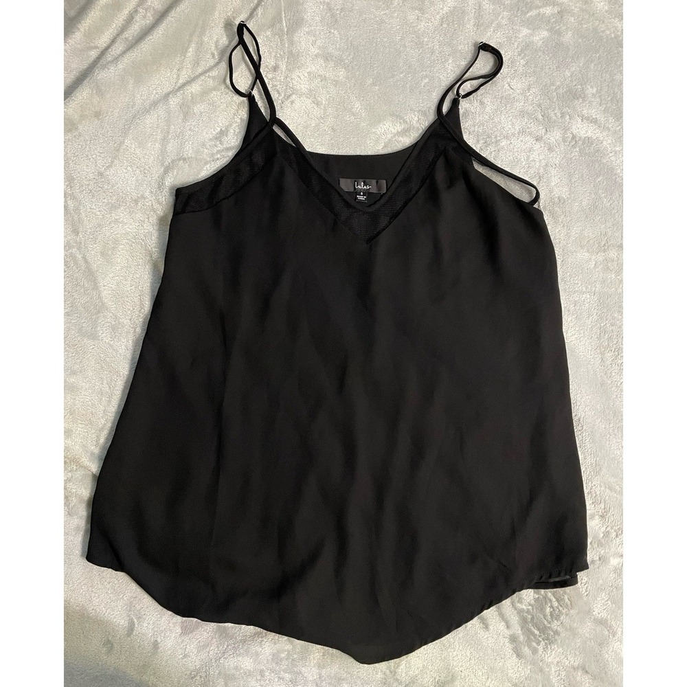 Lulus S Black Mesh Trim Cami Tank Top Small Adjustable Strap Crepe Flowy Capsule